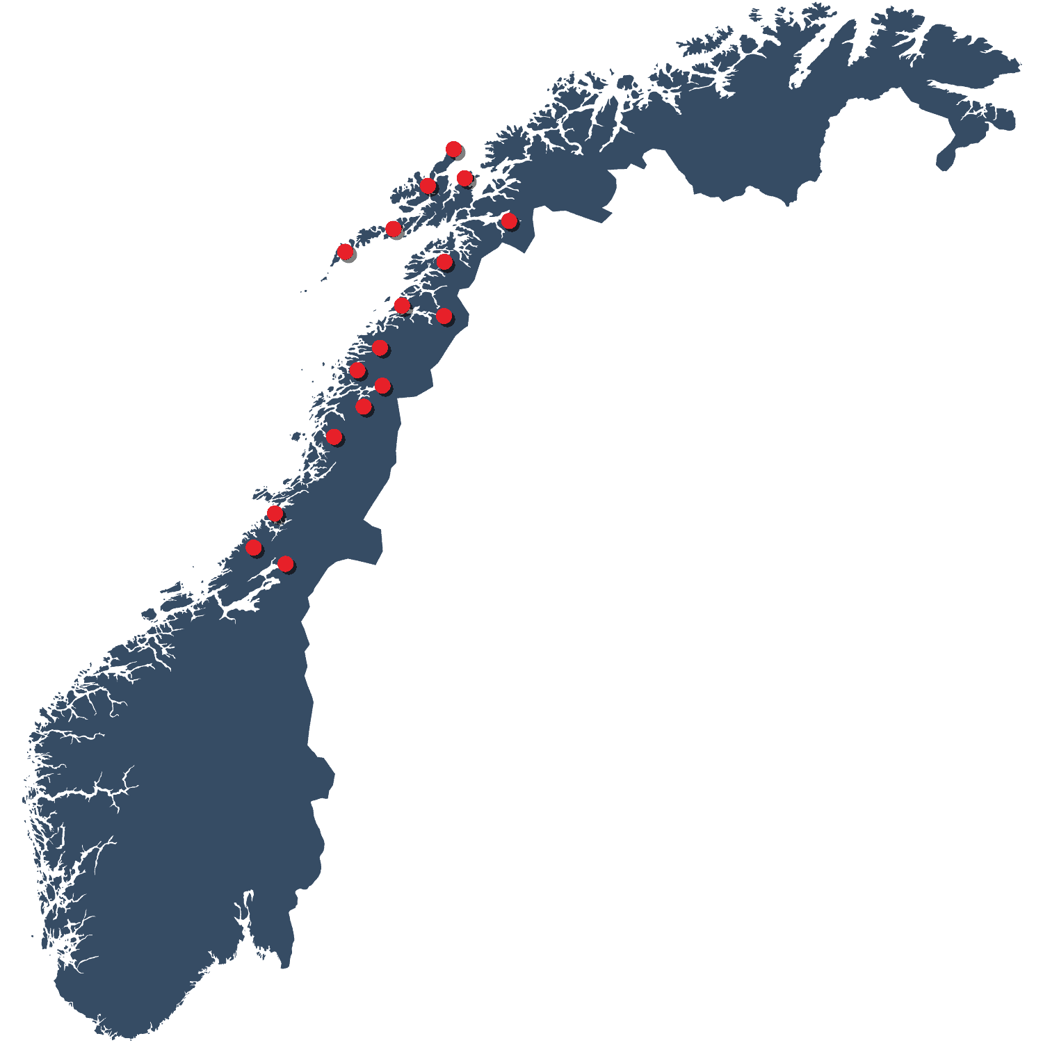 Kart over Nordvik sine avdelinger i Trøndelag, Nordland og Troms